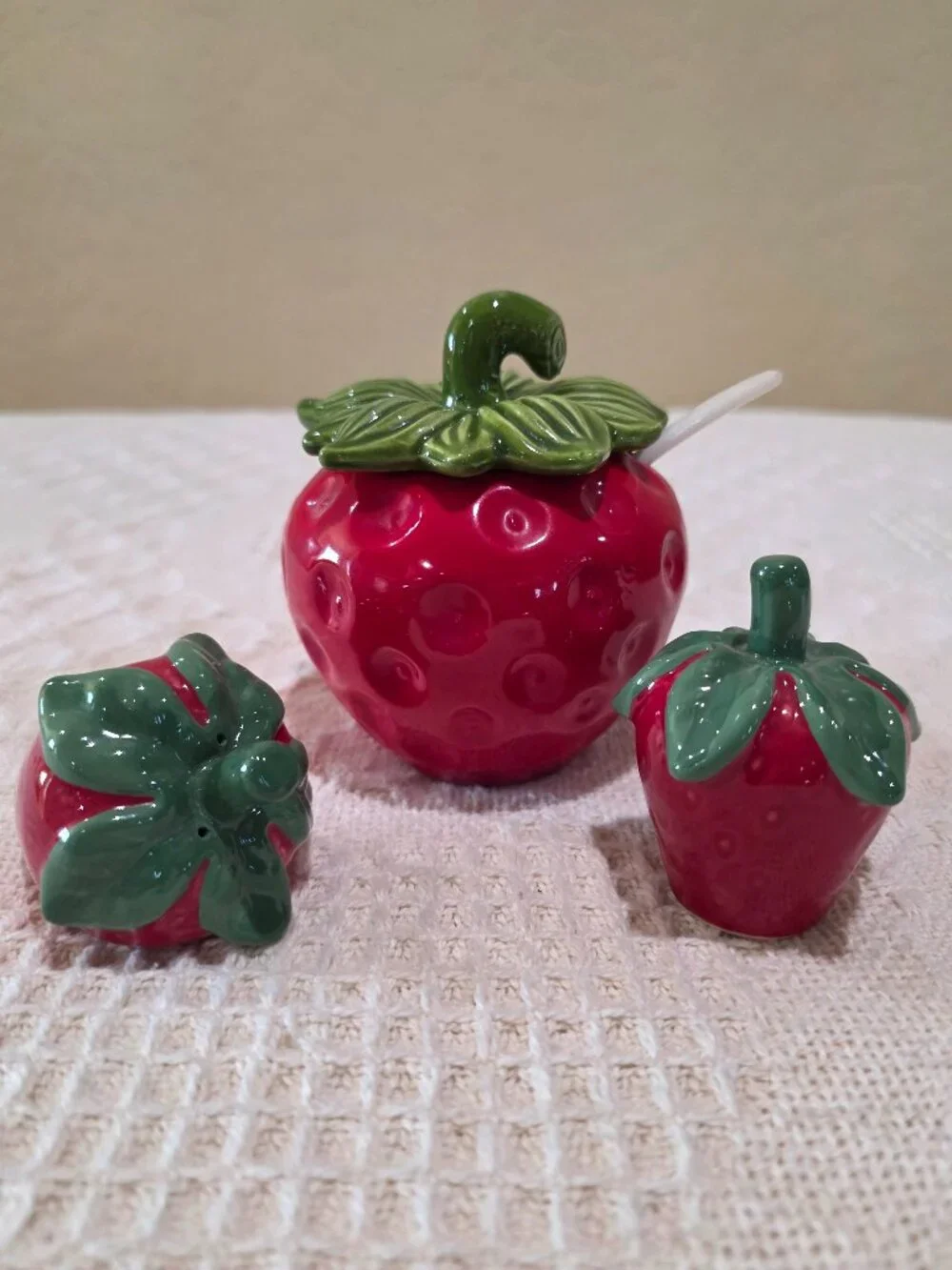 Vintage Brinn's Ceramic Strawberry Jam Jar and Salt & Pepper Shakers PA